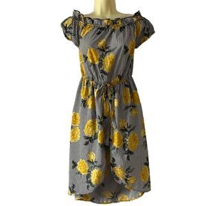 Hint of Blush Romper Dress Size Small Striped Floral Print Off Shoulder Milkmaid